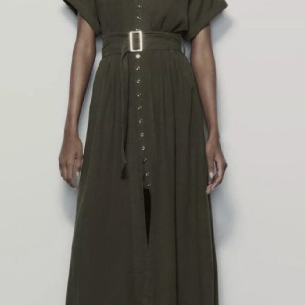 ZARA Khaki Linen Mix Belted Midi Shirt Dress SIZE S  7944/939/505